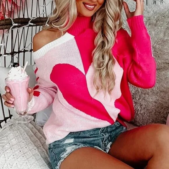 Romantic Heart Off Shoulder Pullover Oversized Knitted Sweater - Picture 2 of 2